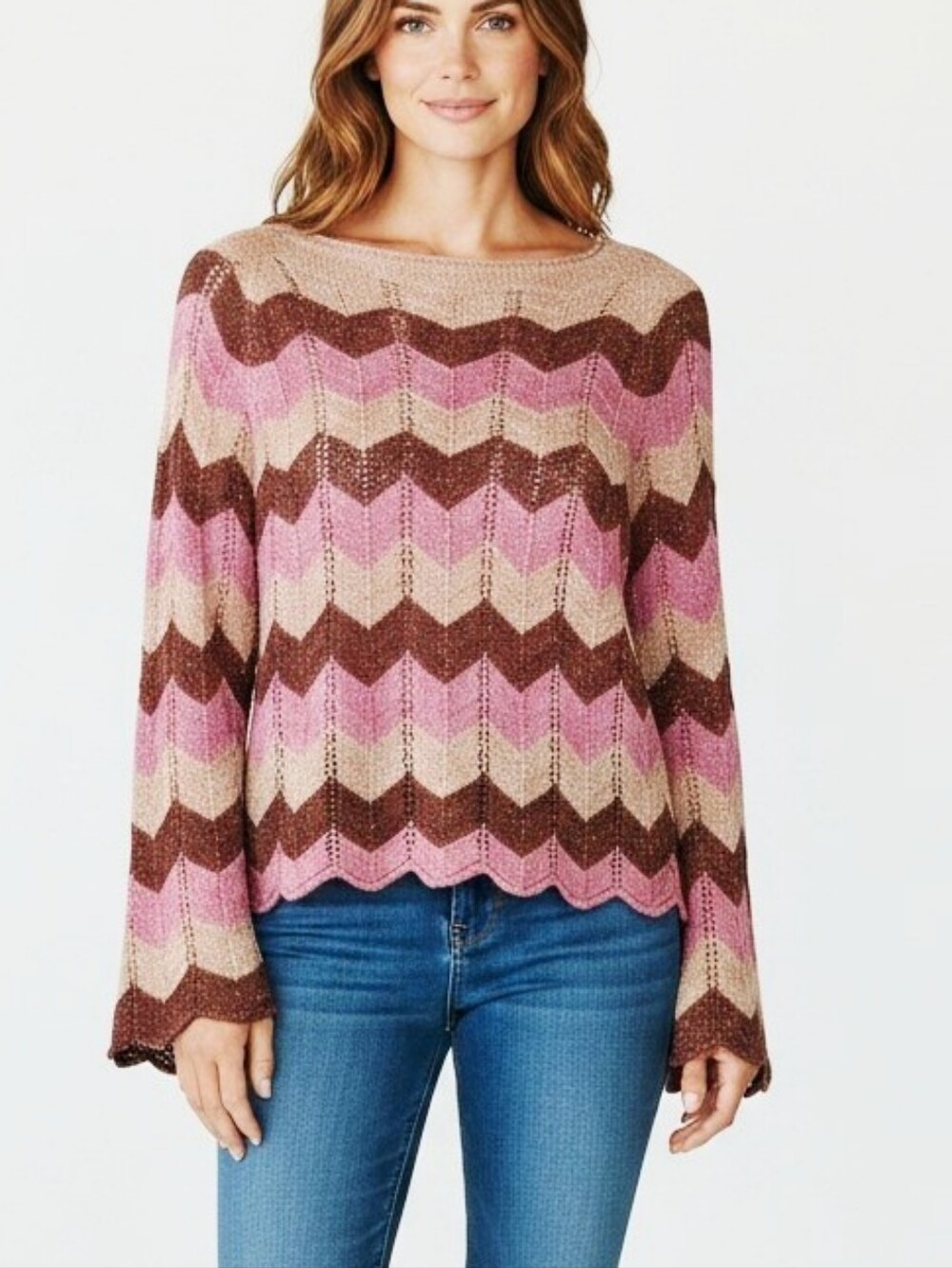 ViCOLO Made in Italy Metallic Chevron Knit Sweater Pink Taupe Brown  Large